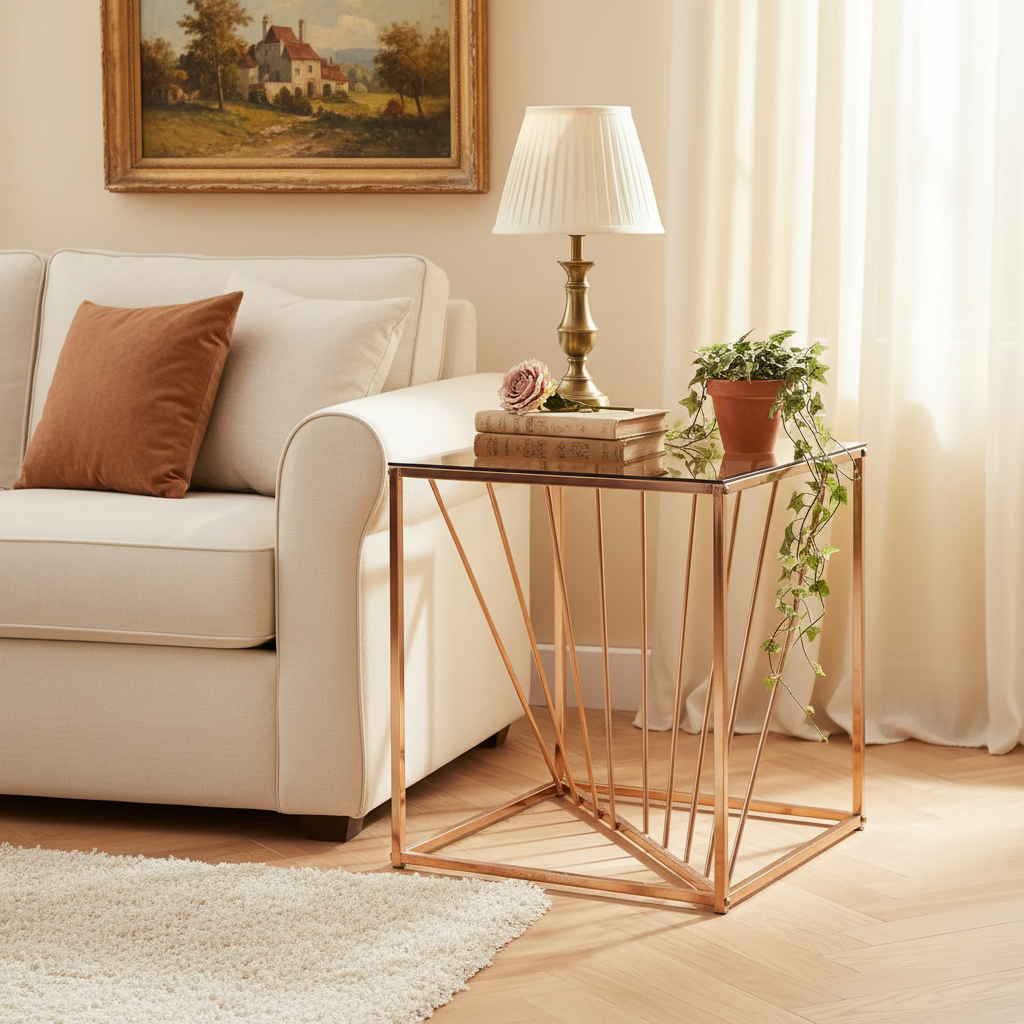 Tables d'appoint carrées en métal avec plateau en verre