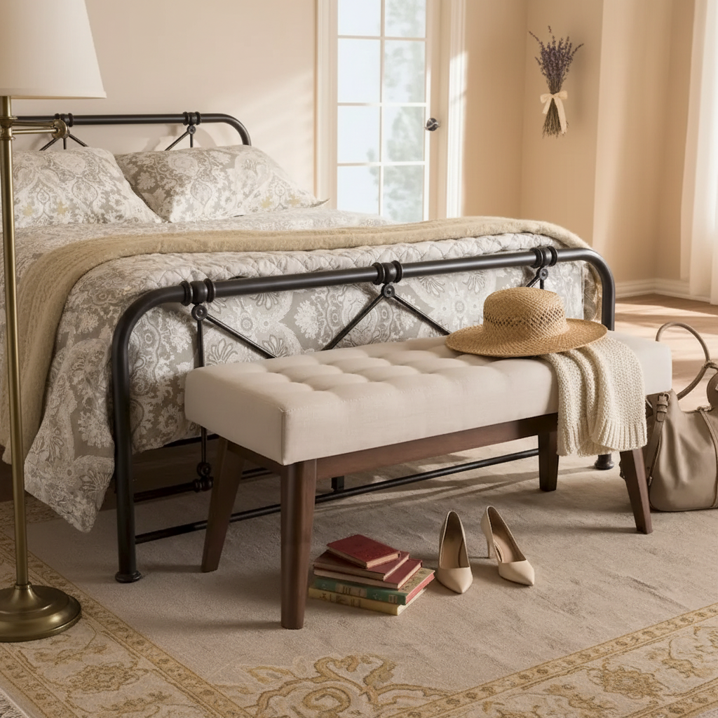 Banc capitonné en tissu, style milieu de siècle