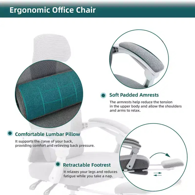 Chaise de bureau ergonomique avec repose-pieds escamotable, Chaise gaming