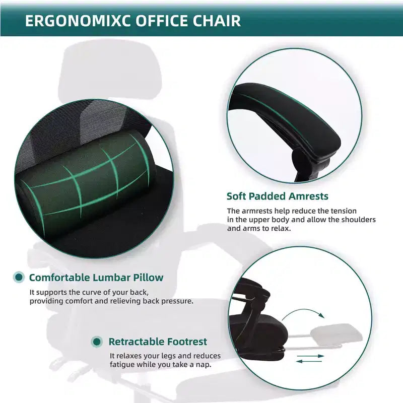 Chaise de bureau ergonomique avec repose-pieds escamotable, Chaise gaming