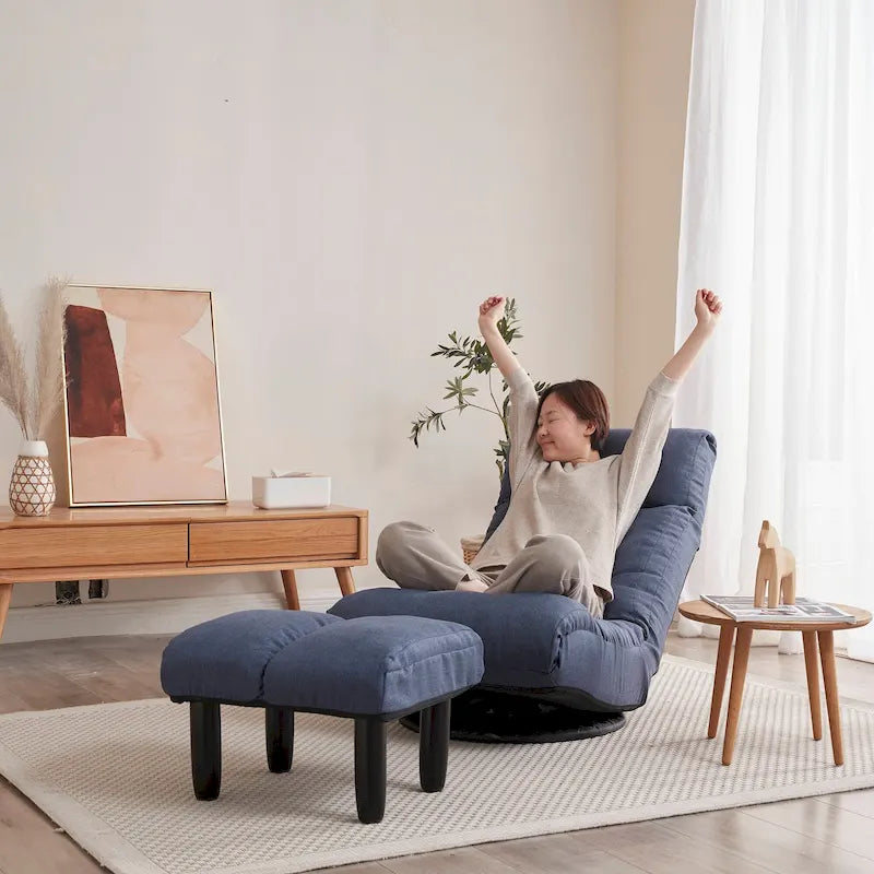 Fauteuil inclinable pivotant sans accoudoirs bleu marine avec pouf, appuie-tête et dossier réglables