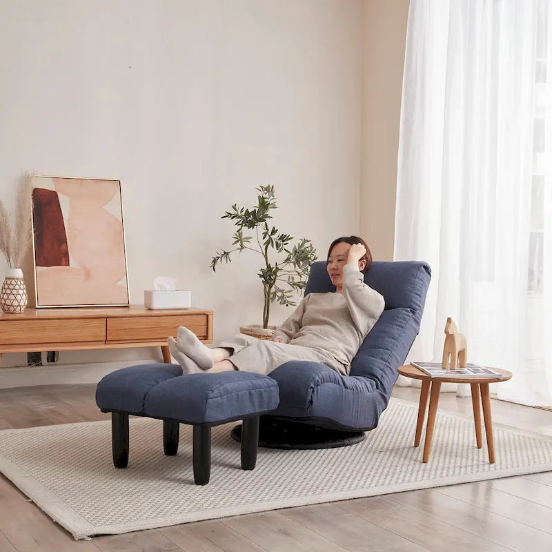 Fauteuil inclinable pivotant sans accoudoirs bleu marine avec pouf, appuie-tête et dossier réglables