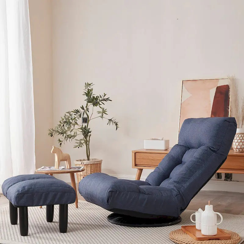 Fauteuil inclinable pivotant sans accoudoirs bleu marine avec pouf, appuie-tête et dossier réglables