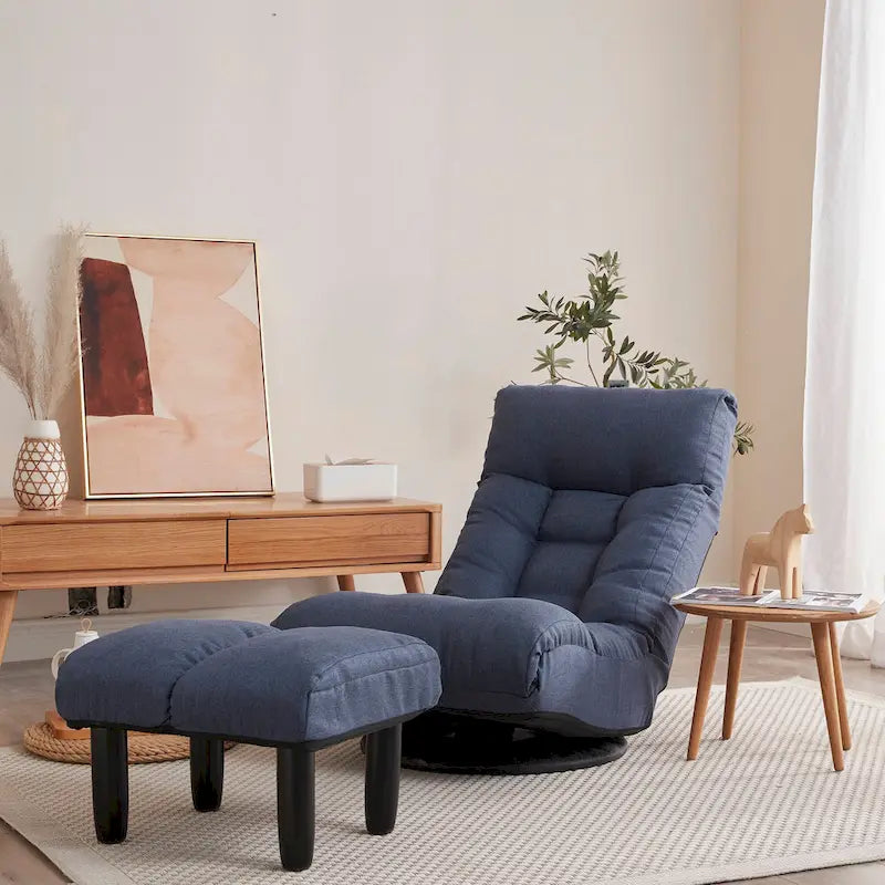 Fauteuil inclinable pivotant sans accoudoirs bleu marine avec pouf, appuie-tête et dossier réglables