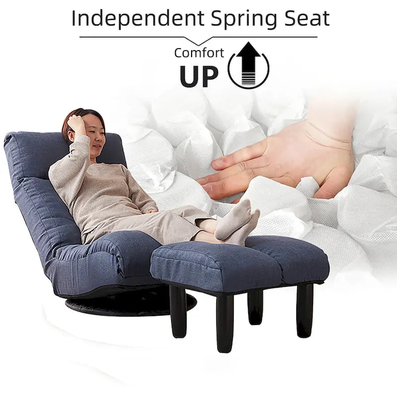 Fauteuil inclinable pivotant sans accoudoirs bleu marine avec pouf, appuie-tête et dossier réglables