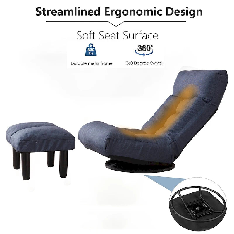 Fauteuil inclinable pivotant sans accoudoirs bleu marine avec pouf, appuie-tête et dossier réglables