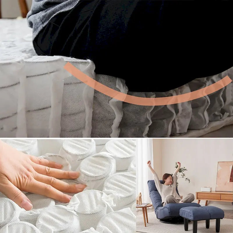Fauteuil inclinable pivotant sans accoudoirs bleu marine avec pouf, appuie-tête et dossier réglables