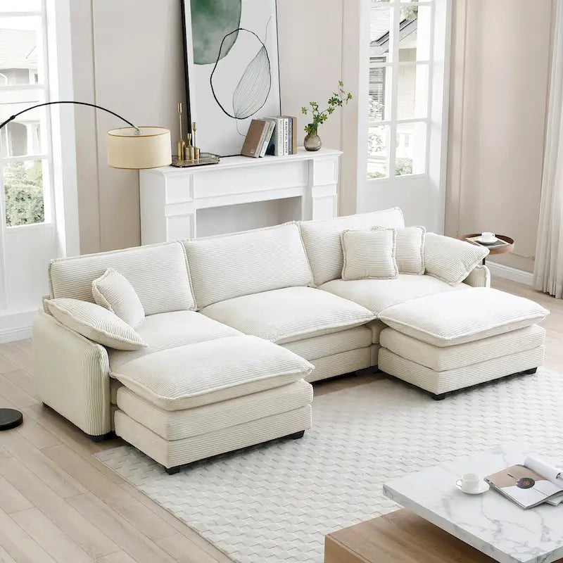 Canapé modulaire en velours côtelé beige en forme de U