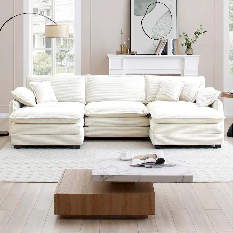 Canapé modulaire en velours côtelé beige en forme de U