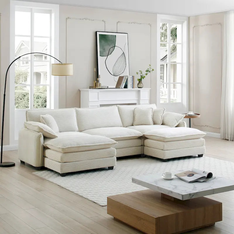 Canapé modulaire en velours côtelé beige en forme de U