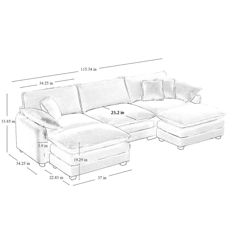 Canapé modulaire en velours côtelé beige en forme de U