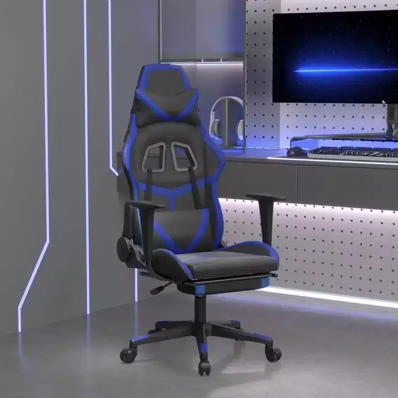 Chaise de gaming avec repose-pieds, noir et bleu, similicuir