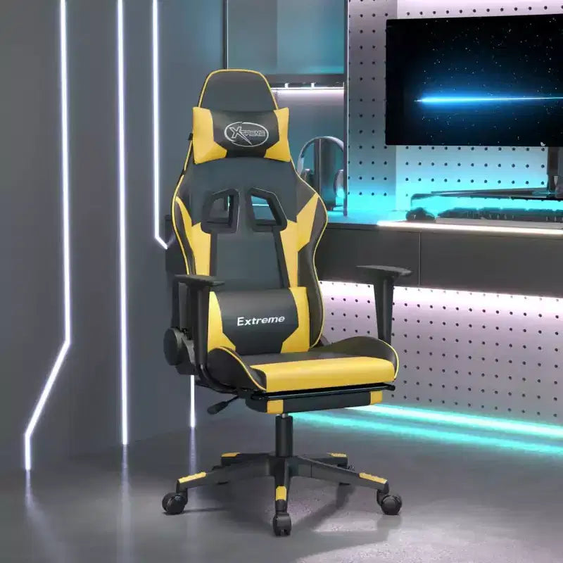 Fauteuil Gamer avec Repose-Pied, Noir et Or, Similicuir