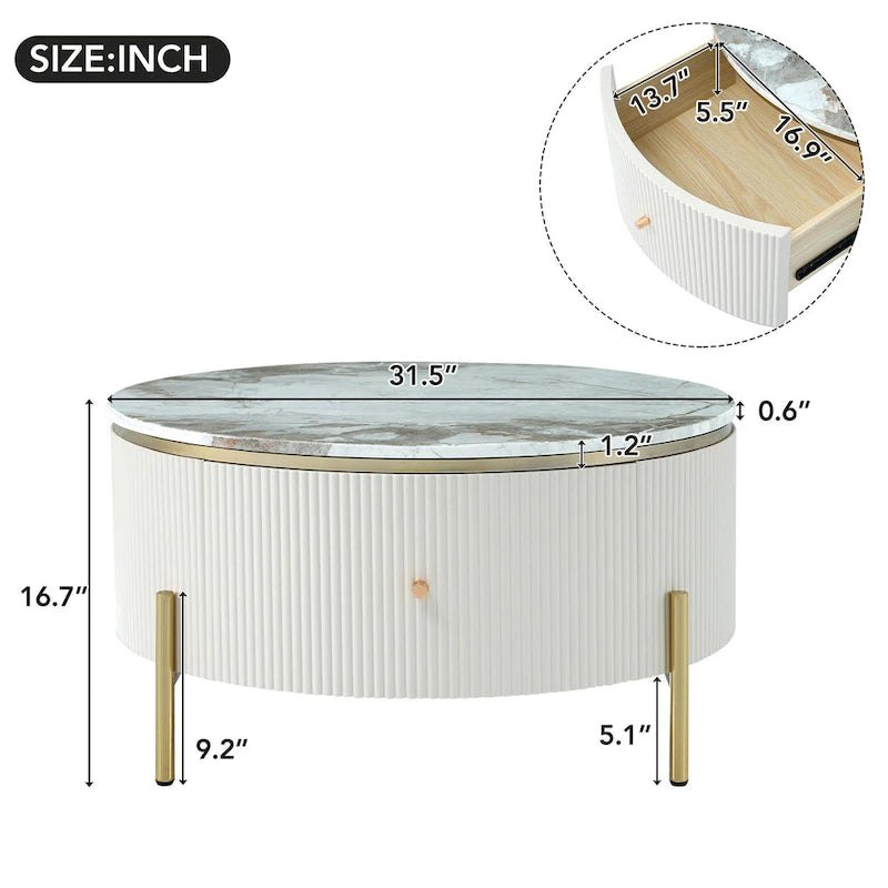 Table basse ronde moderne avec 2 grands tiroirs de rangement