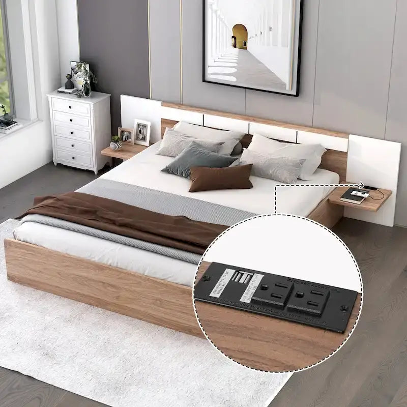 Lit plateforme Queen Size avec tête de lit, tiroirs, étagères