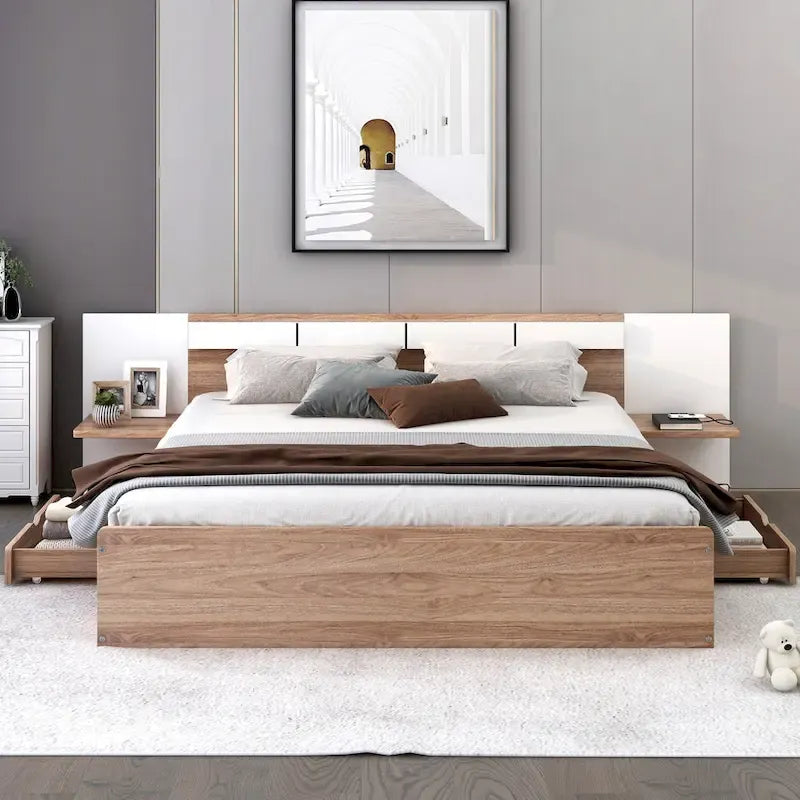Lit plateforme Queen Size avec tête de lit, tiroirs, étagères