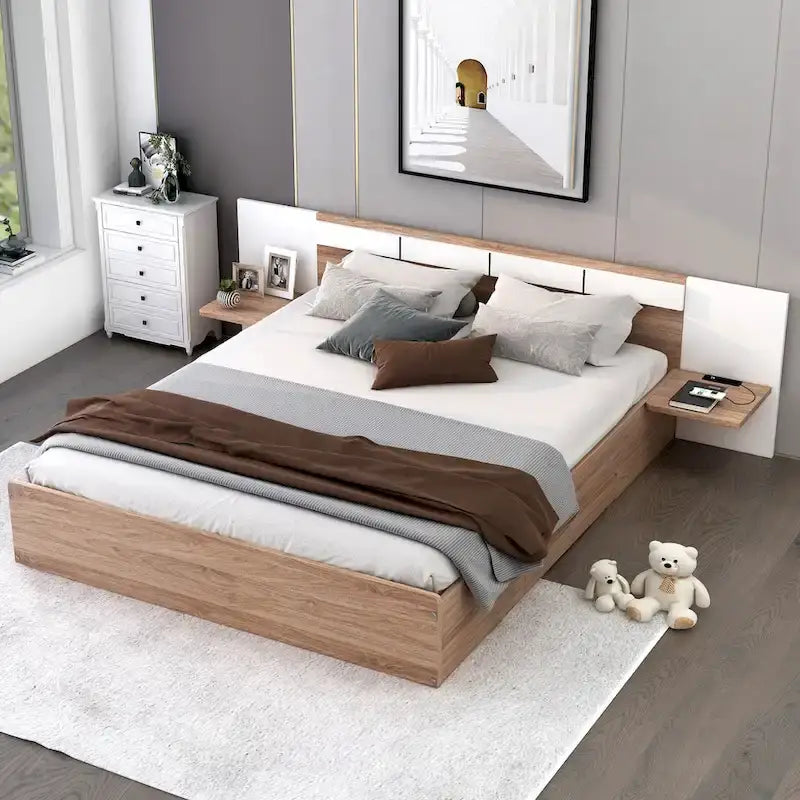 Lit plateforme Queen Size avec tête de lit, tiroirs, étagères