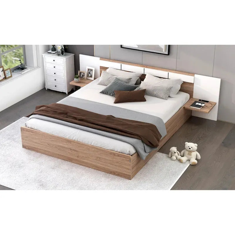 Lit plateforme Queen Size avec tête de lit, tiroirs, étagères