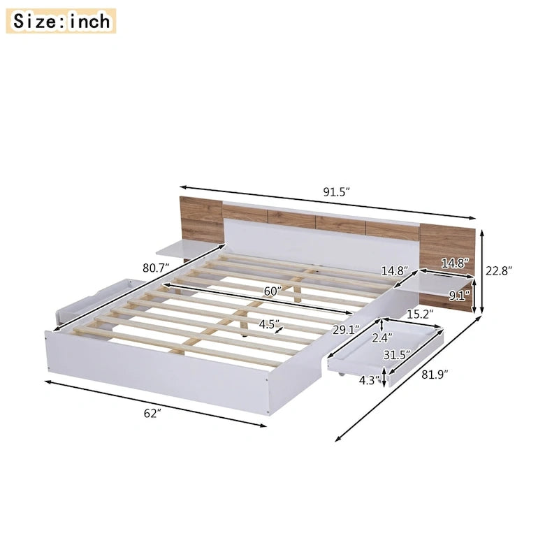 Lit plateforme Queen Size avec tête de lit, tiroirs, étagères