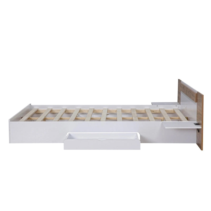 Lit plateforme Queen Size avec tête de lit, tiroirs, étagères