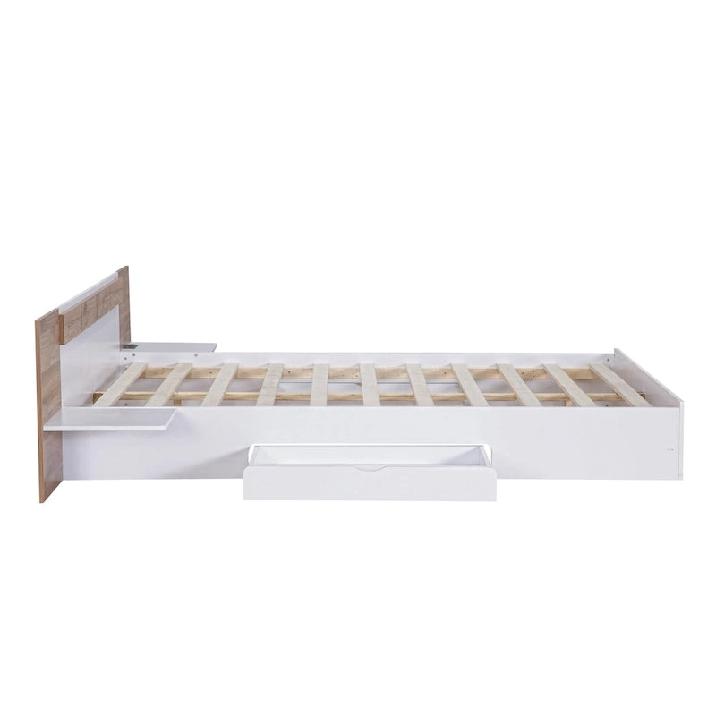 Lit plateforme Queen Size avec tête de lit, tiroirs, étagères
