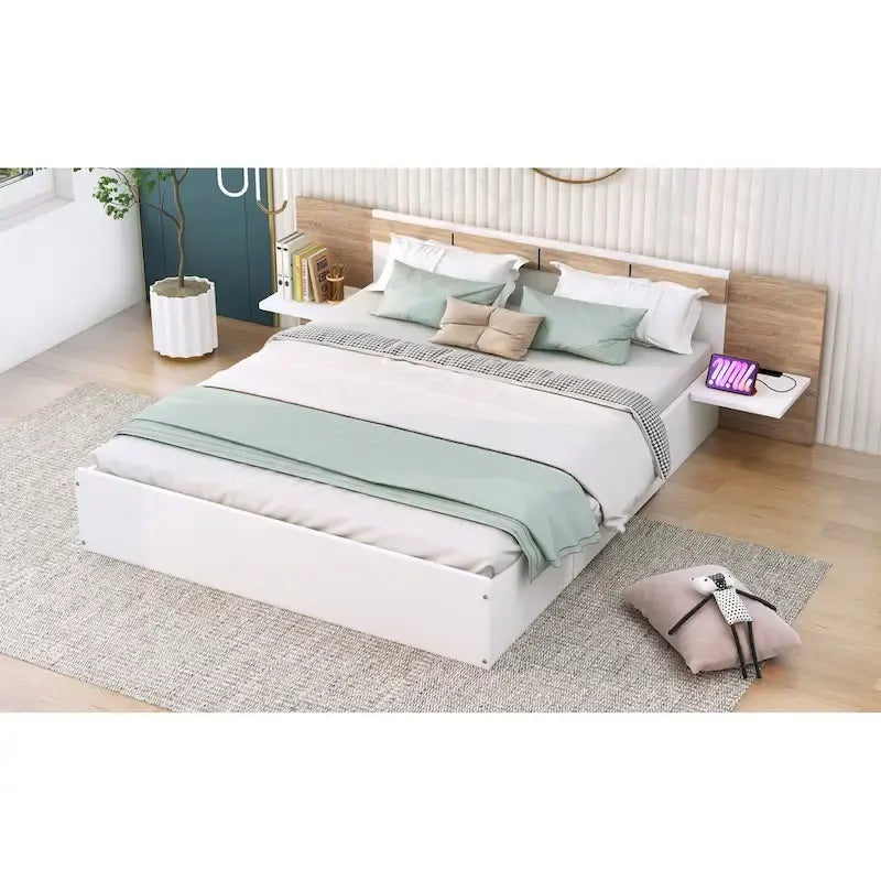Lit plateforme Queen Size avec tête de lit, tiroirs, étagères