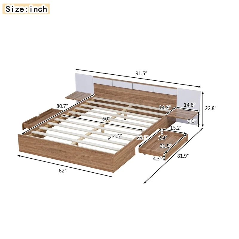 Lit plateforme Queen Size avec tête de lit, tiroirs, étagères
