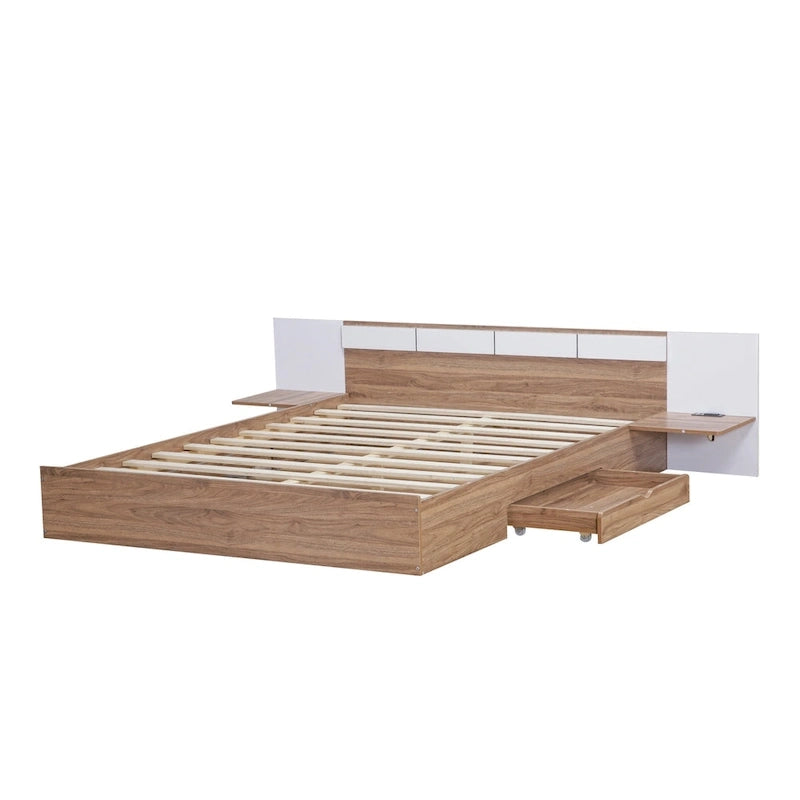 Lit plateforme Queen Size avec tête de lit, tiroirs, étagères