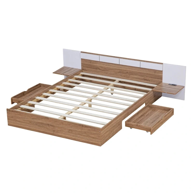 Lit plateforme Queen Size avec tête de lit, tiroirs, étagères